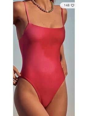 NWT SIGAL Anthropologie Pink Red Straight Neck One Piece Swimsuit Size S